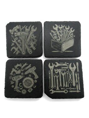 Slate Coaster Tool Themed Engraved Set Of 4 Square Gray 4"
